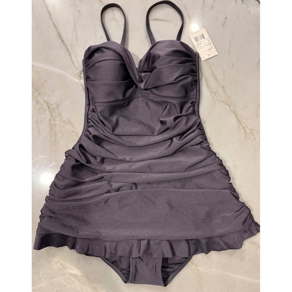 NWT Gottex Profile Bandeau GunMetal Grey Ruched Swimdress Swimsuit Size 6
